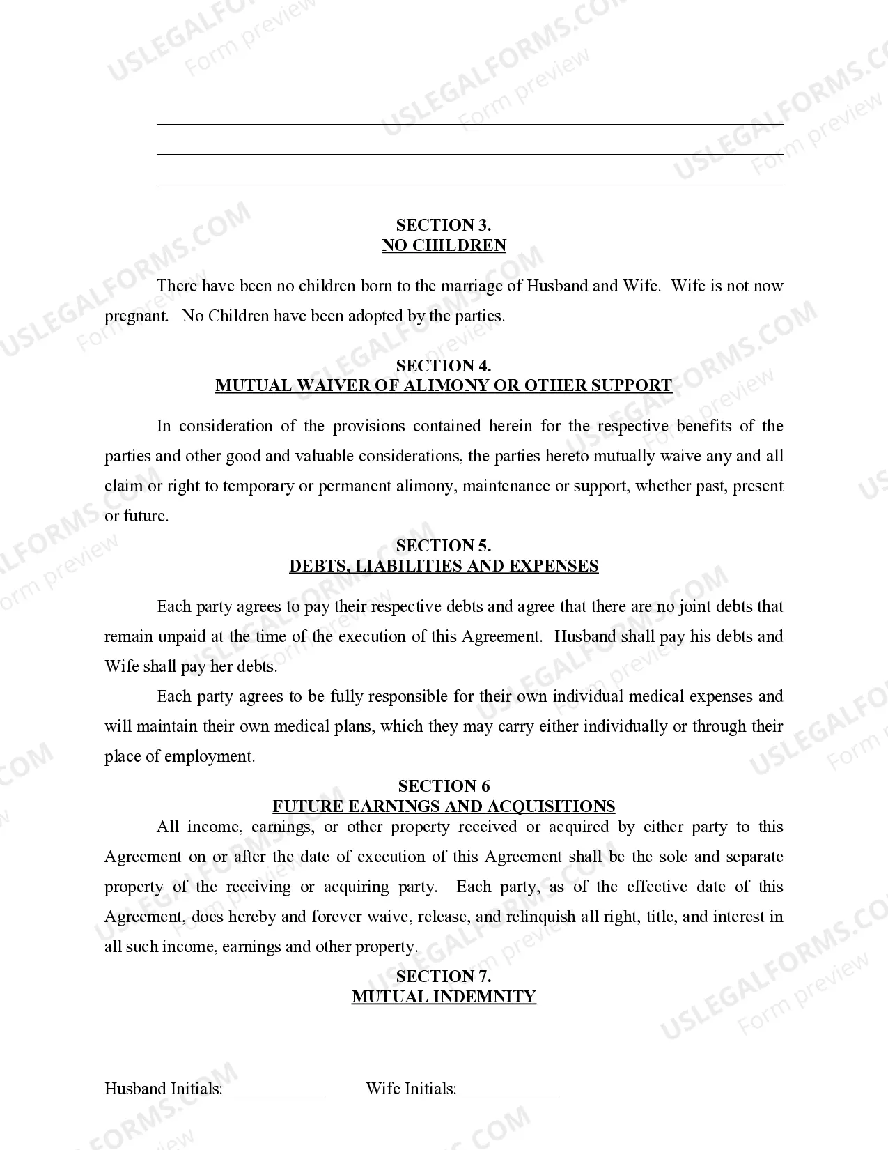 Preview Marital Domestic Separation and Property Settlement Agreement for persons with no Children, no Joint Property, or Debts Effective Immediately