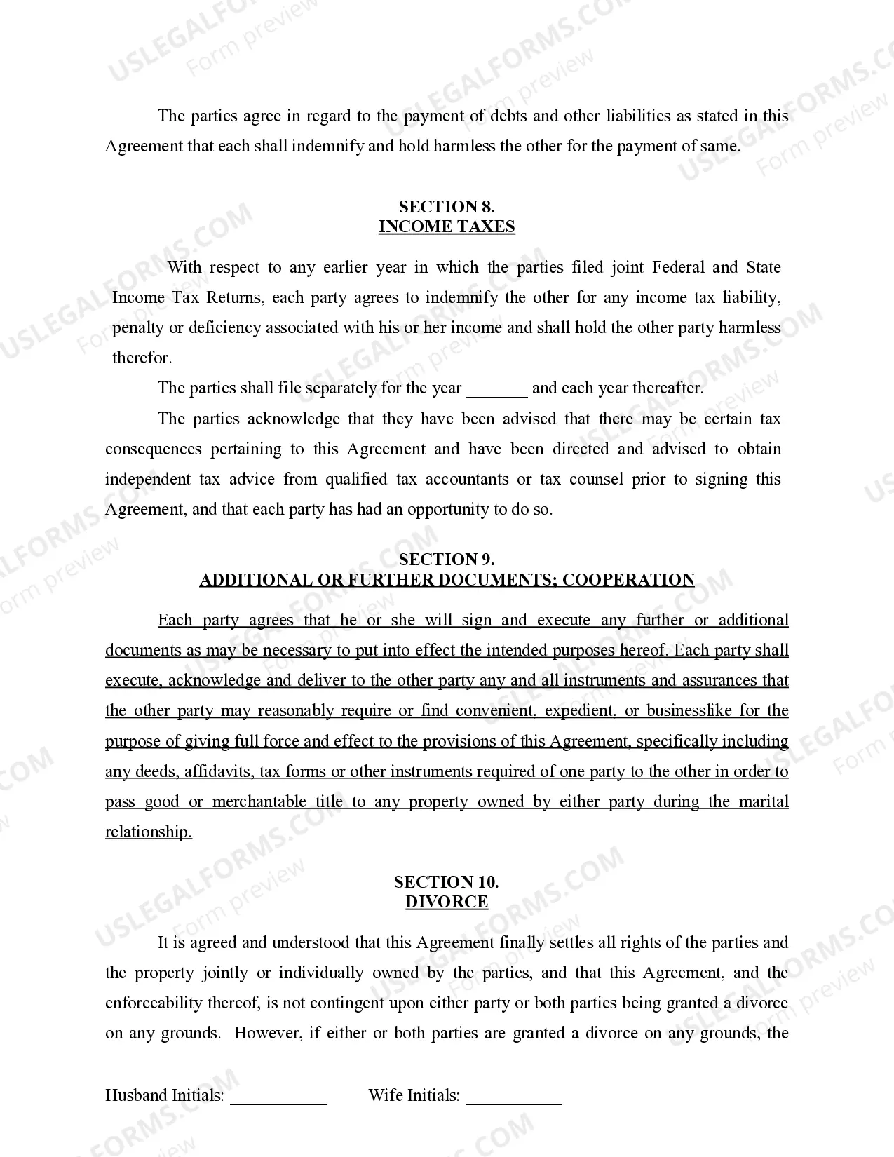 Preview Marital Domestic Separation and Property Settlement Agreement for persons with no Children, no Joint Property, or Debts Effective Immediately