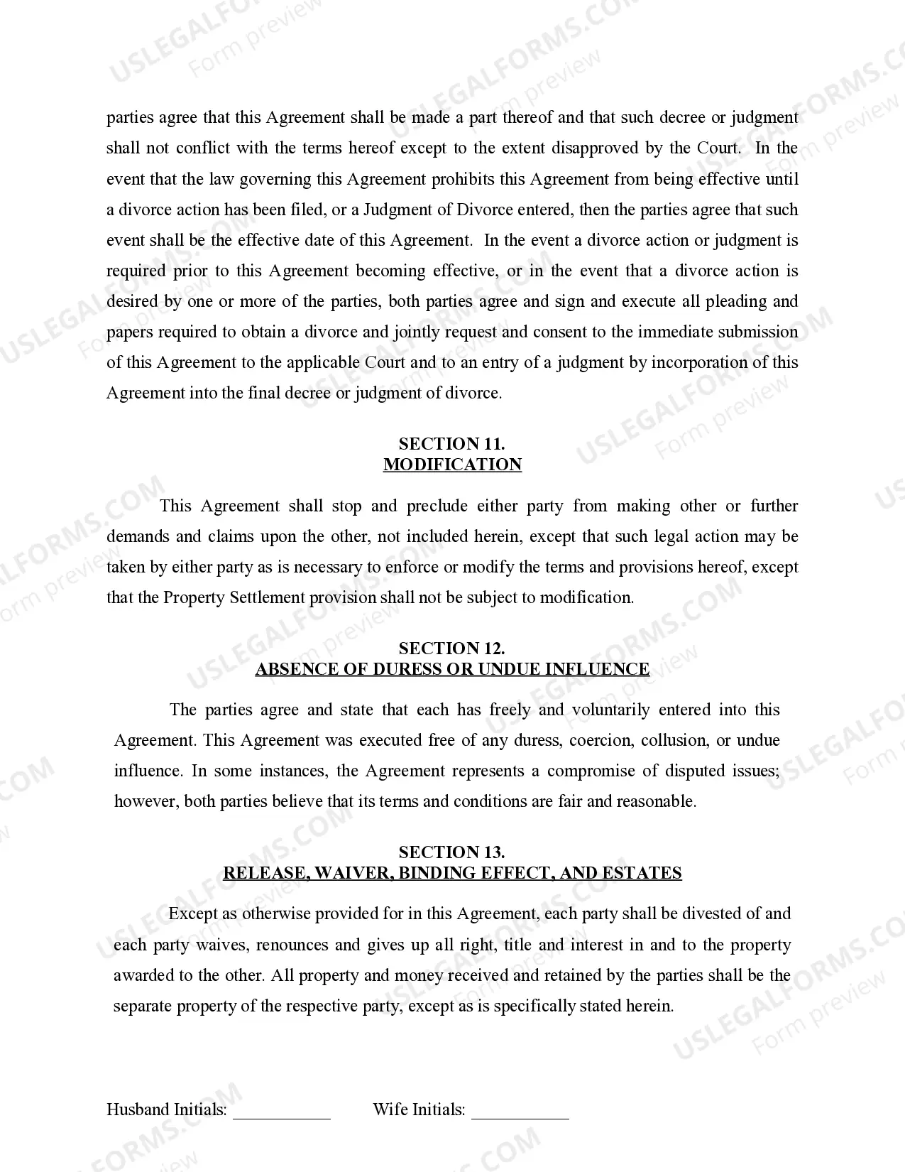 Preview Marital Domestic Separation and Property Settlement Agreement for persons with no Children, no Joint Property, or Debts Effective Immediately