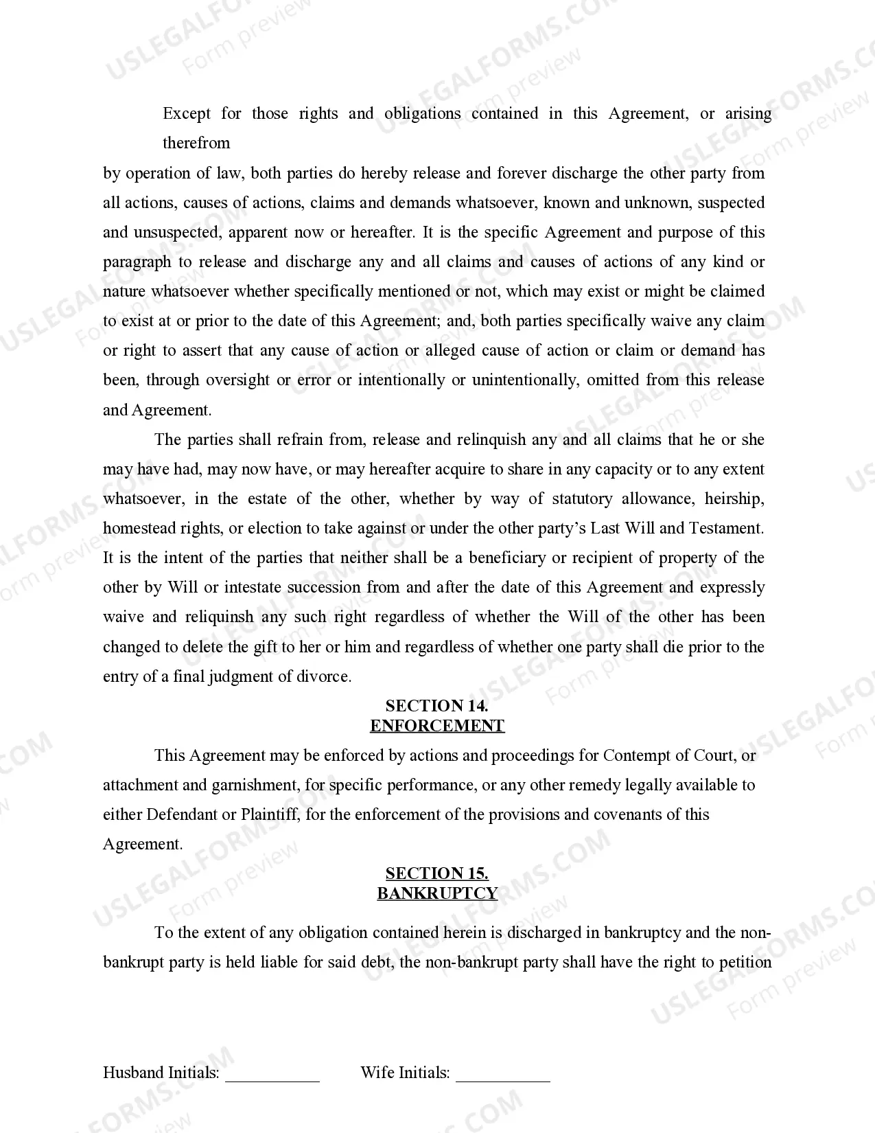 Preview Marital Domestic Separation and Property Settlement Agreement for persons with no Children, no Joint Property, or Debts Effective Immediately