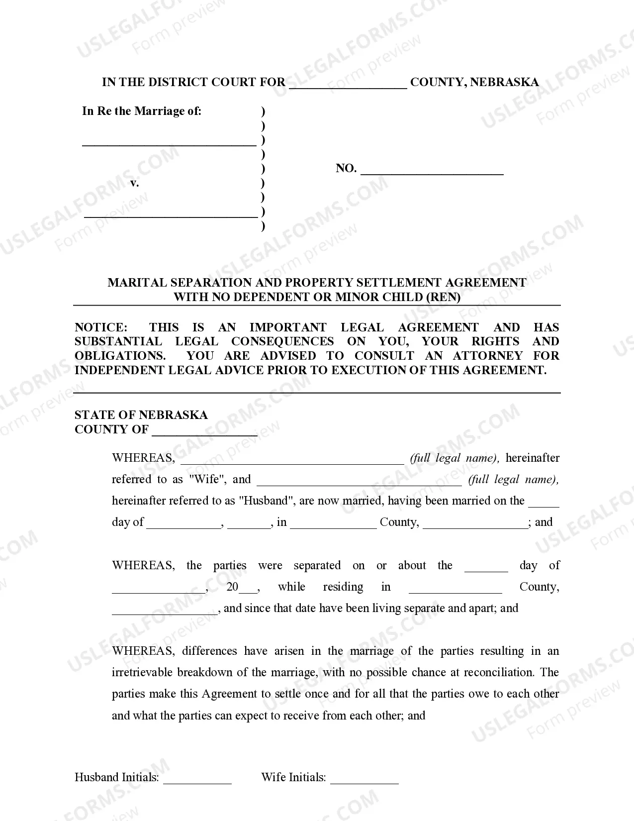 Preview Marital Domestic Separation and Property Settlement Agreement no Children parties may have Joint Property or Debts where Divorce Action Filed