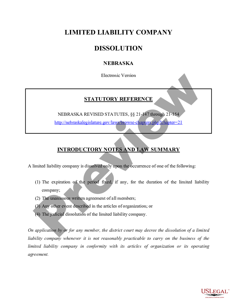 page 0 Nebraska Dissolution Package to Dissolve Limited Liability Company LLC preview