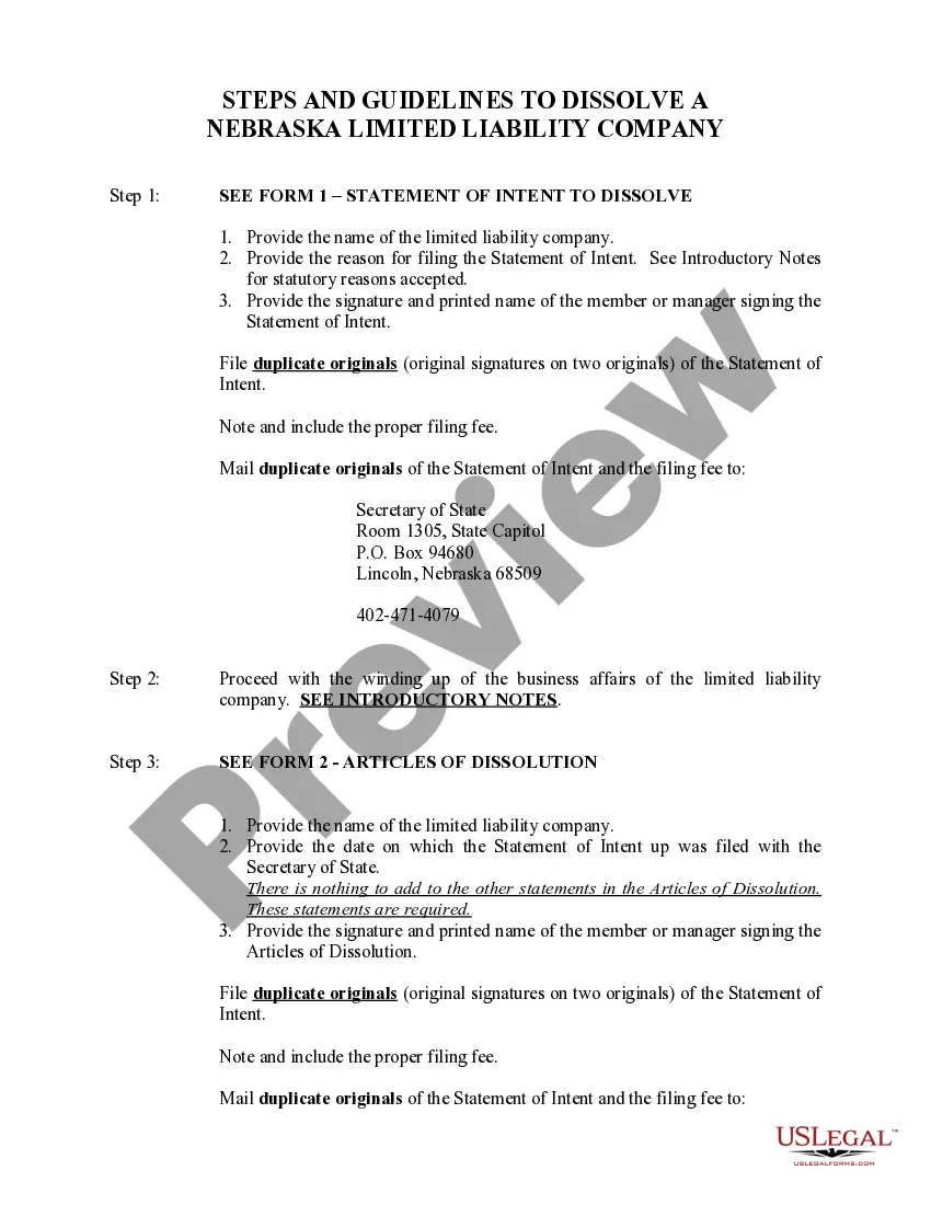 Get Nebraska Dissolution Package to Dissolve Limited Liability Company LLC Preview Nebraska Dissolution Package to Dissolve Limited Liability Company LLC