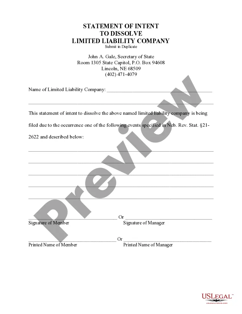 Get Nebraska Dissolution Package to Dissolve Limited Liability Company LLC Preview Nebraska Dissolution Package to Dissolve Limited Liability Company LLC