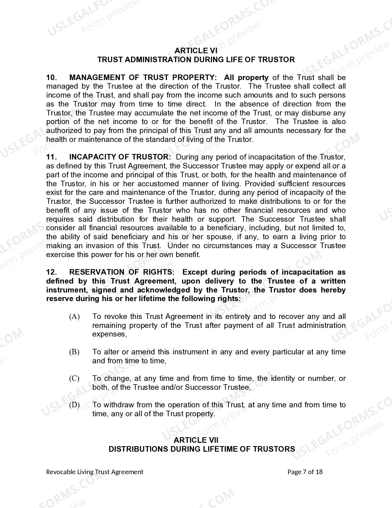 Preview Living Trust for Individual Who is Single, Divorced or Widow or Widower with No Children