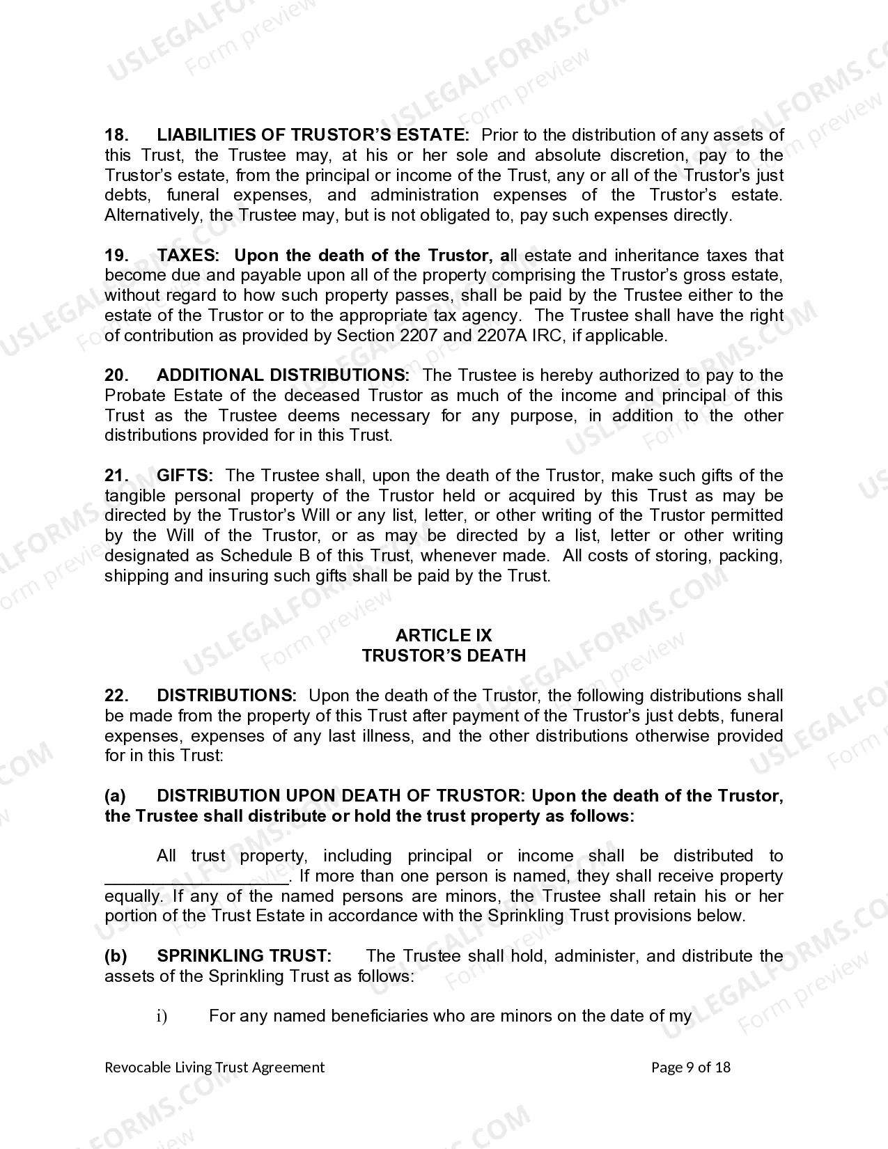 Preview Living Trust for Individual Who is Single, Divorced or Widow or Widower with No Children