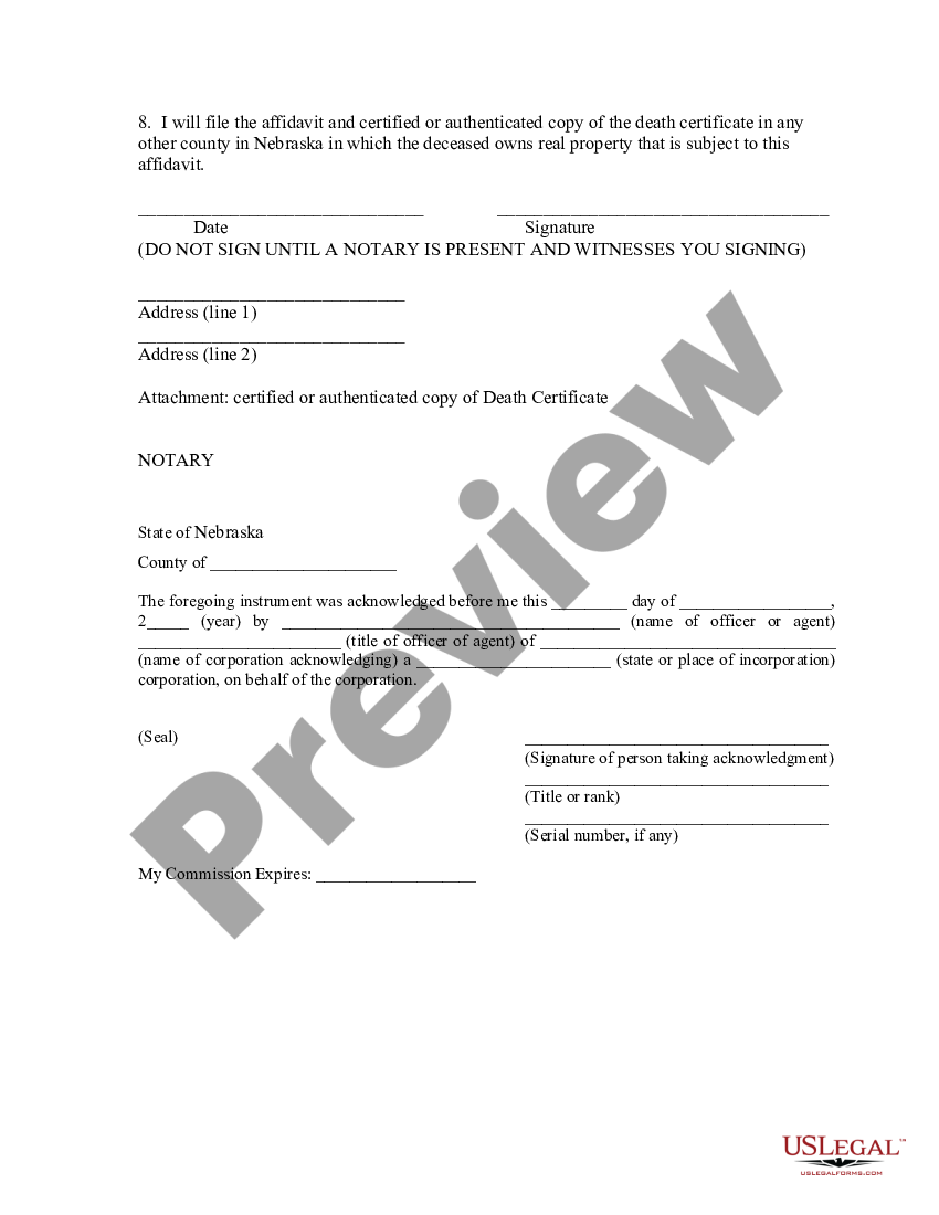 Nebraska Small Estate Affidavit For Real Property Of Estates Not More Than 50 Estate Real 8449