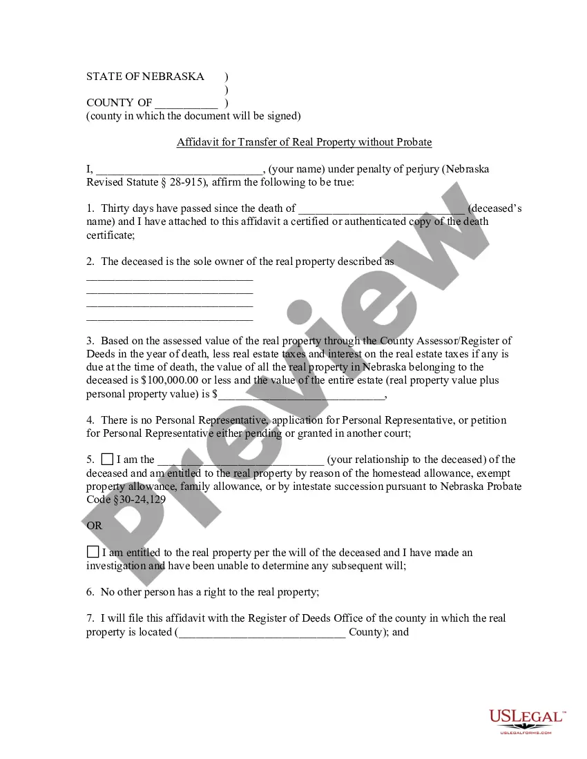 Nebraska Small Estate Affidavit For Real Property Of Estates Not More Than 50 Nebraska Small