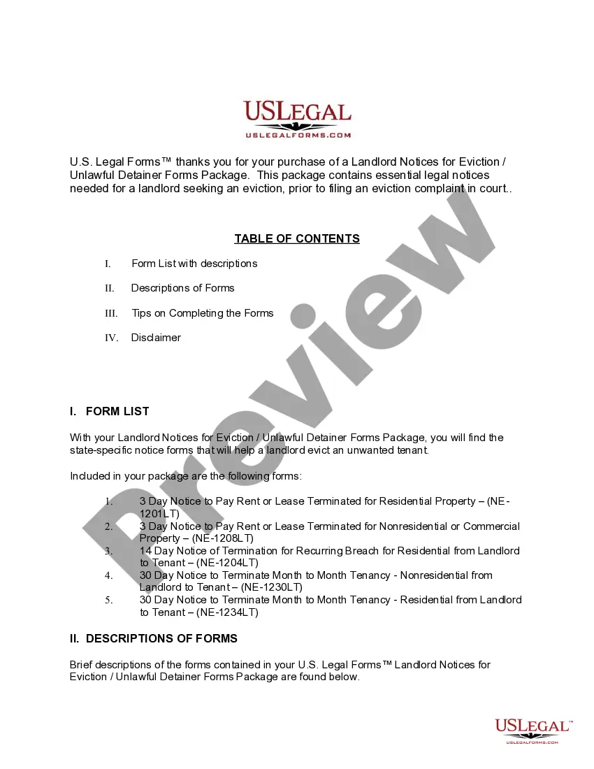 Get Nebraska Landlord Notices for Eviction / Unlawful Detainer Forms Package Preview Nebraska Landlord Notices for Eviction / Unlawful Detainer Forms Package