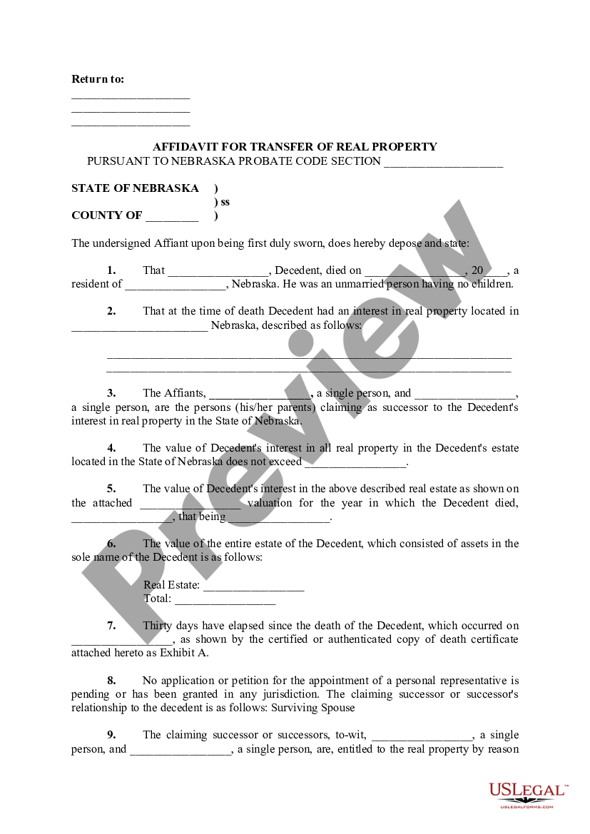 Nebraska Affidavit for Transfer of Real Property - Affidavit Of ...