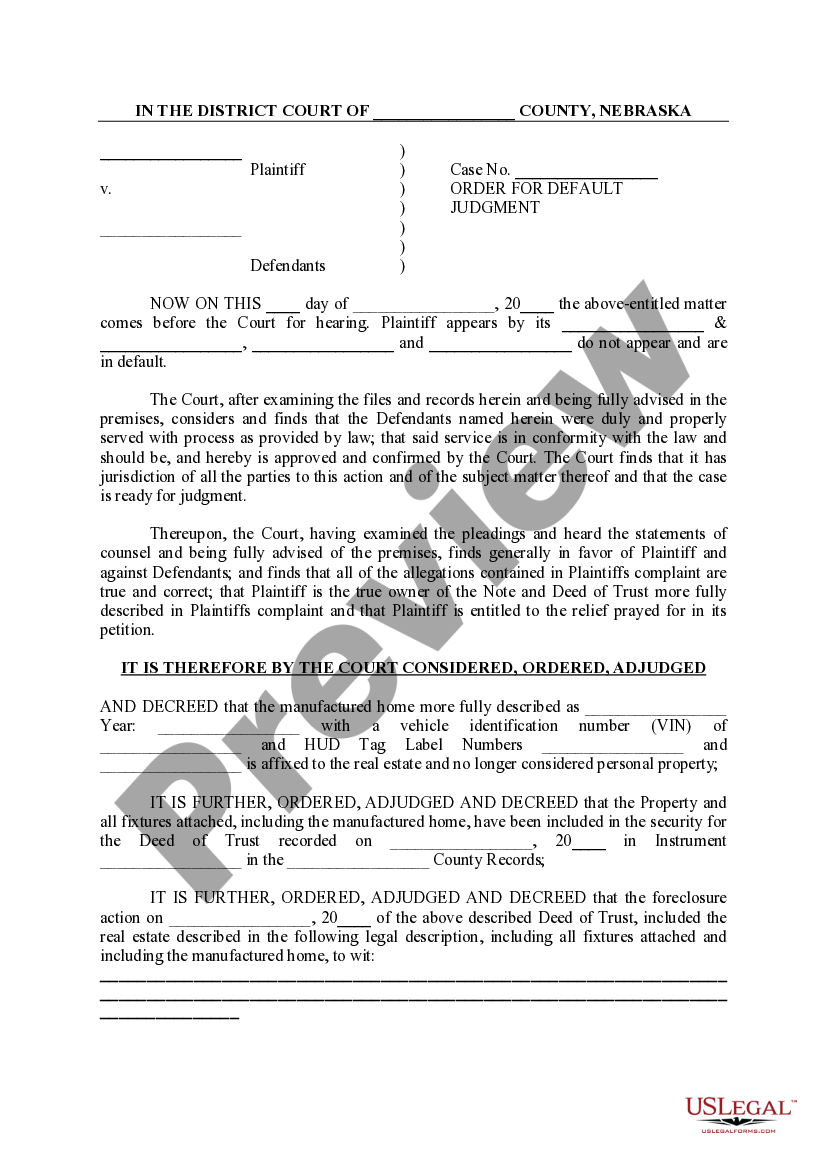 Nebraska Order for Default Judgment US Legal Forms