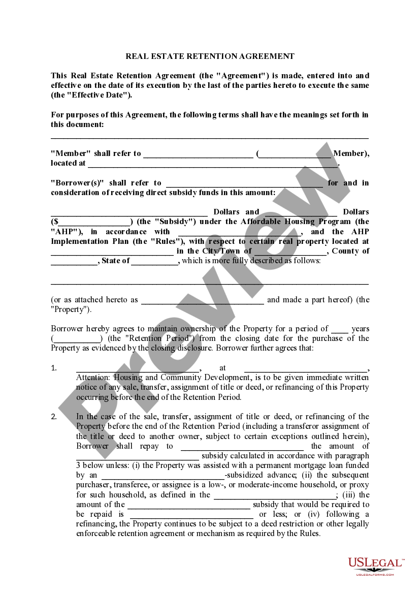 Nebraska Real Estate Retention Agreement US Legal Forms