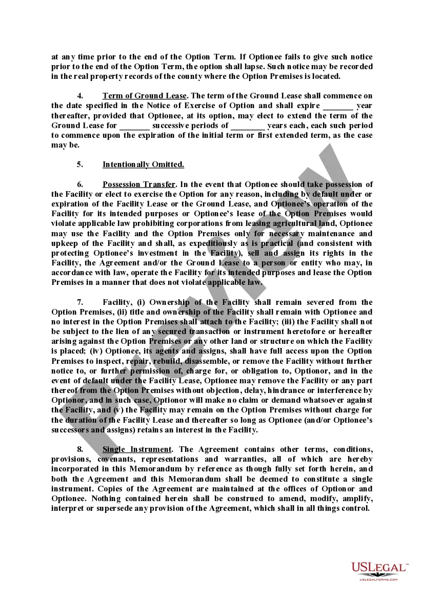 Preview Memorandum of Option to Lease