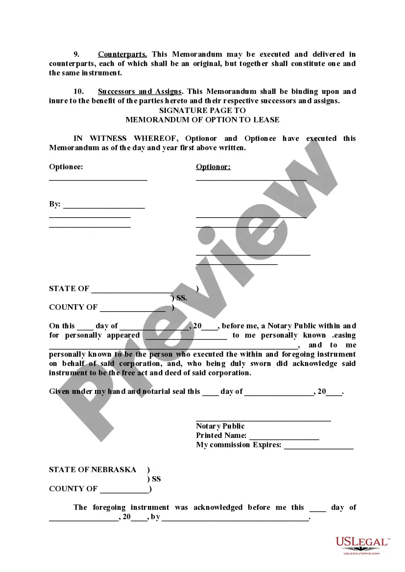 Preview Memorandum of Option to Lease