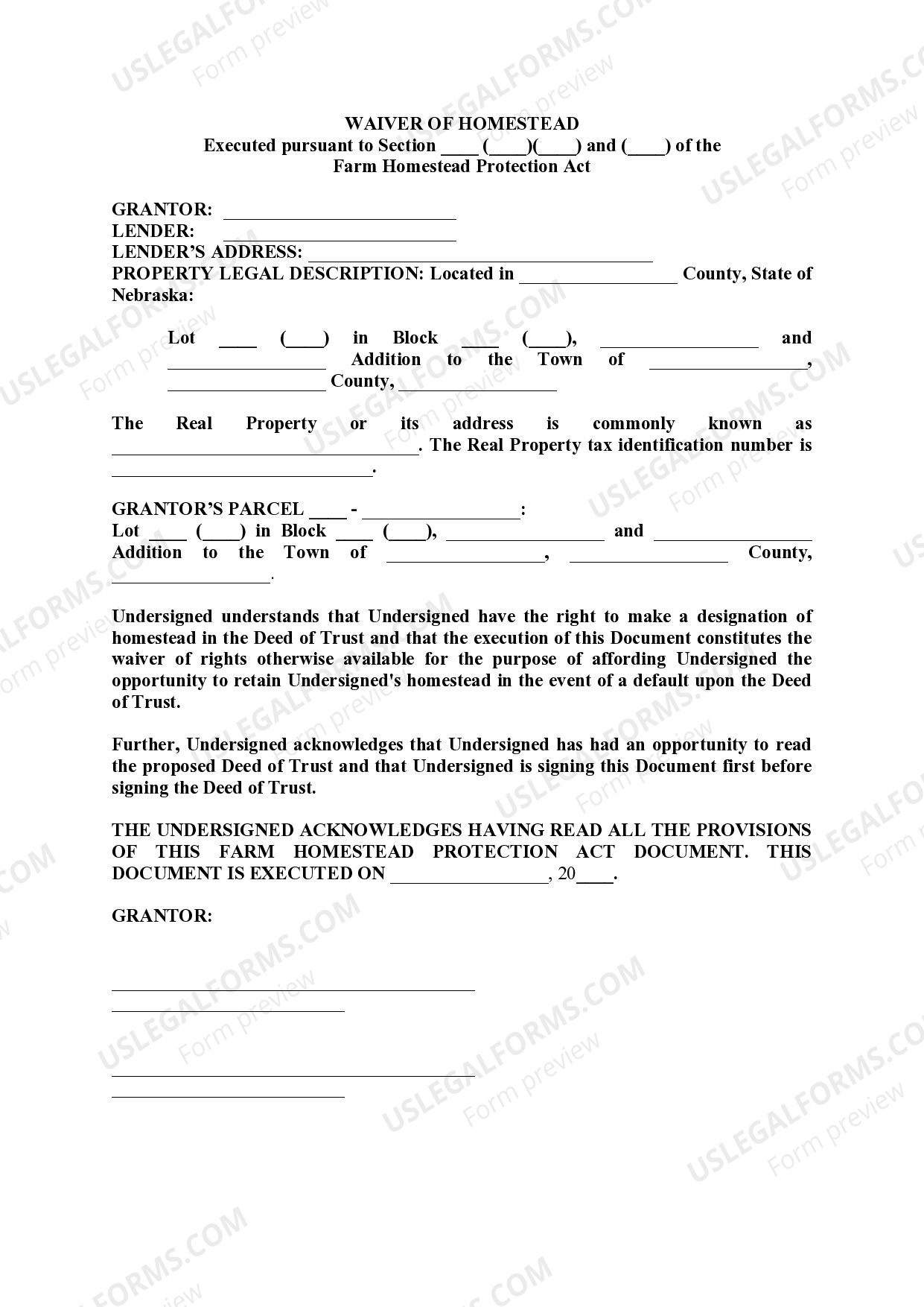 Nebraska Waiver of Homestead pursuant to Farm Homestead Protection Act
