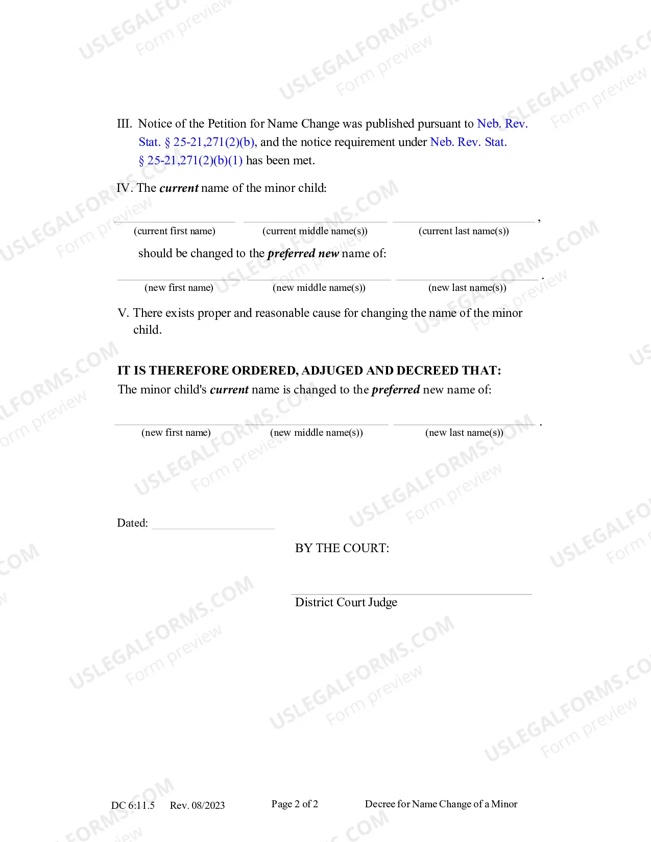Preview Decree for Name Change of a Minor