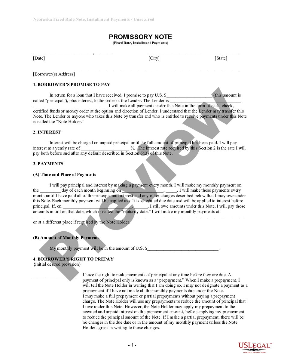 page 0 Nebraska Unsecured Installment Payment Promissory Note for Fixed Rate preview