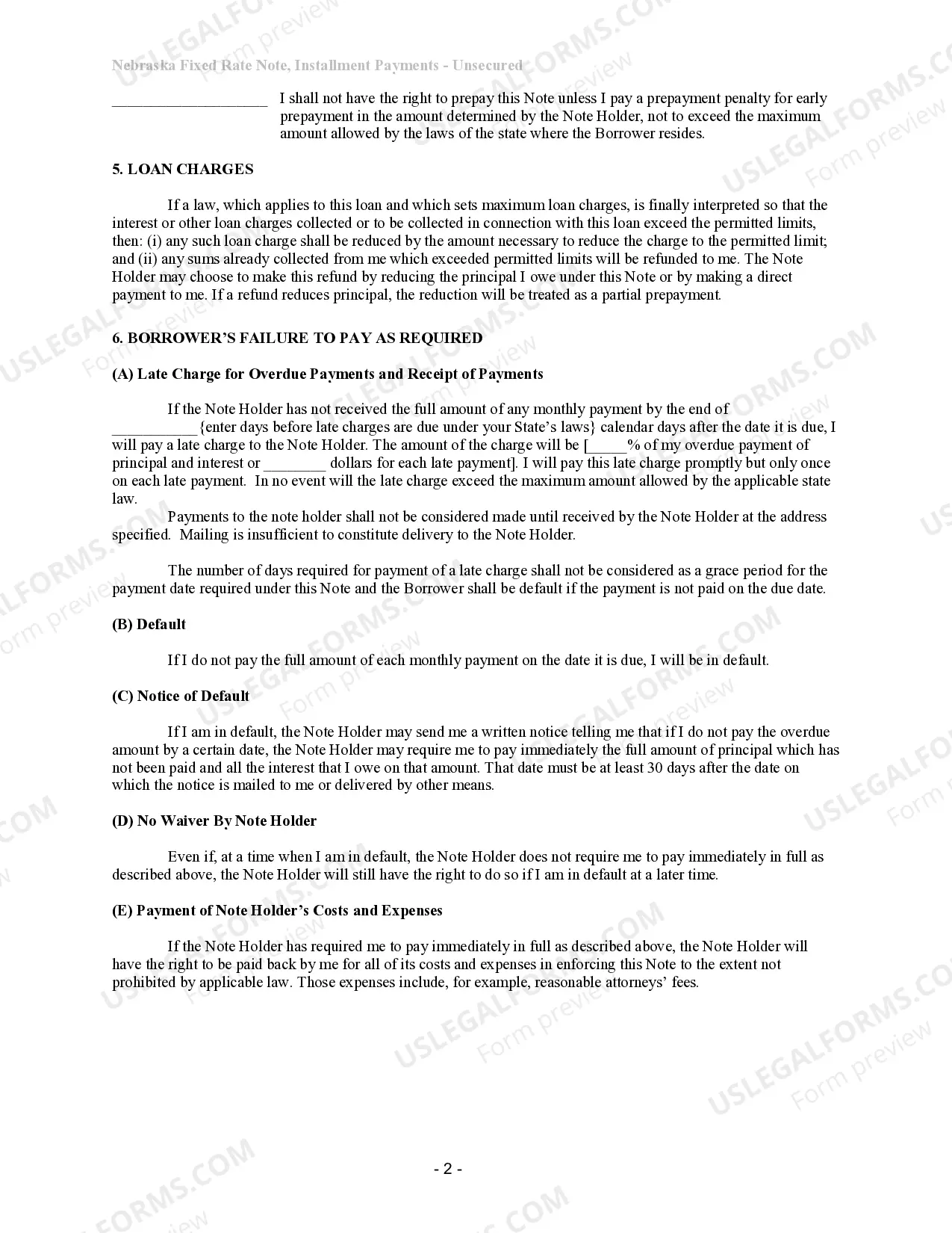 Preview Nebraska Unsecured Installment Payment Promissory Note for Fixed Rate