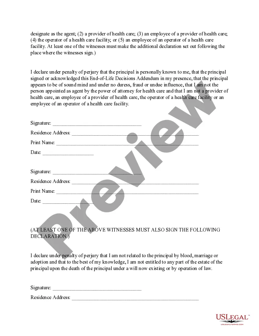 Preview End of Life Decisions Addendum to Power of Attorney for Health Care for an Adult with Intellectual Disability