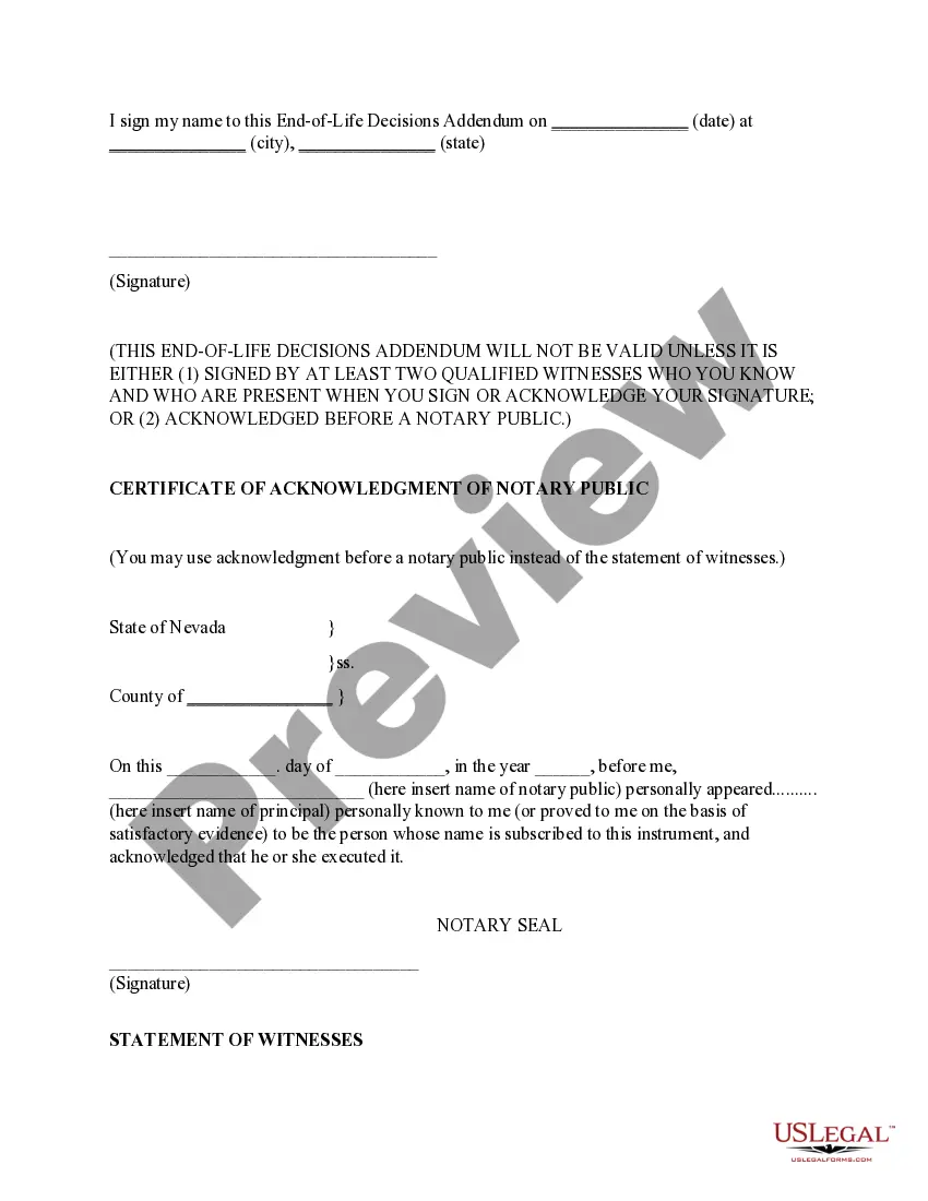 Preview End of Life Decisions Addendum to Power of Attorney for Health Care for an Adult with Dementia