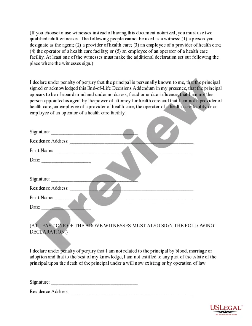 Preview End of Life Decisions Addendum to Power of Attorney for Health Care for an Adult with Dementia