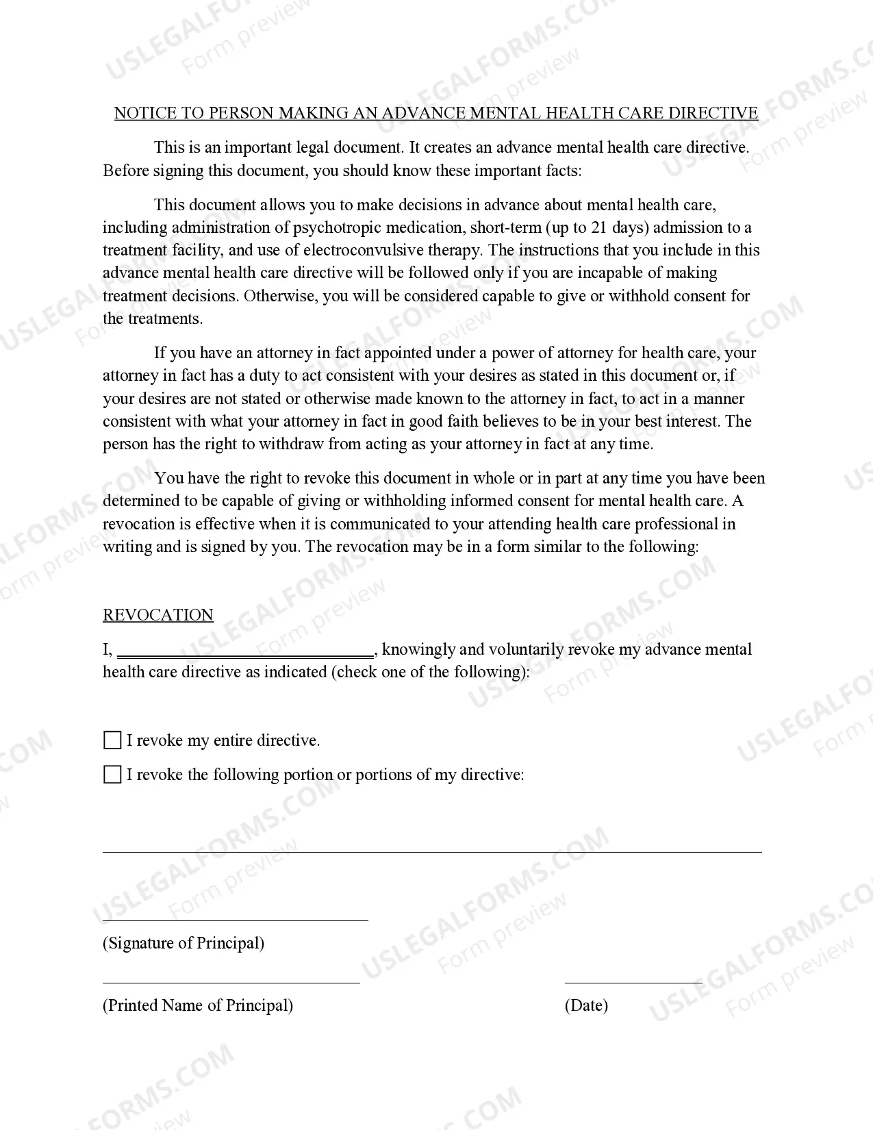 Preview Advance Mental Health Care Directive