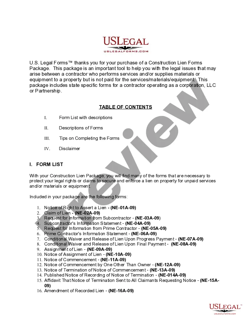 Get Nebraska Construction or Mechanics Lien Package - Corporation or LLC Preview Nebraska Construction or Mechanics Lien Package - Corporation or LLC