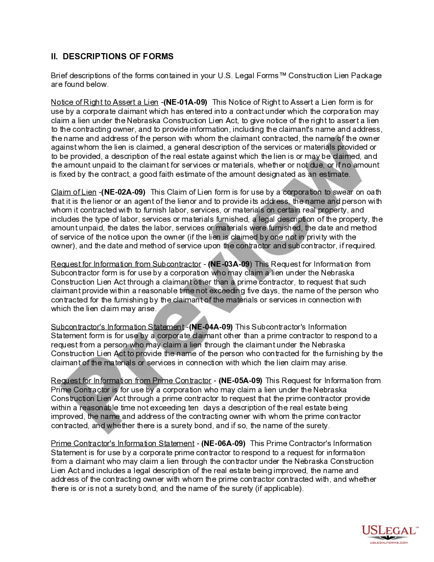 Get Nebraska Construction or Mechanics Lien Package - Corporation or LLC Preview Nebraska Construction or Mechanics Lien Package - Corporation or LLC