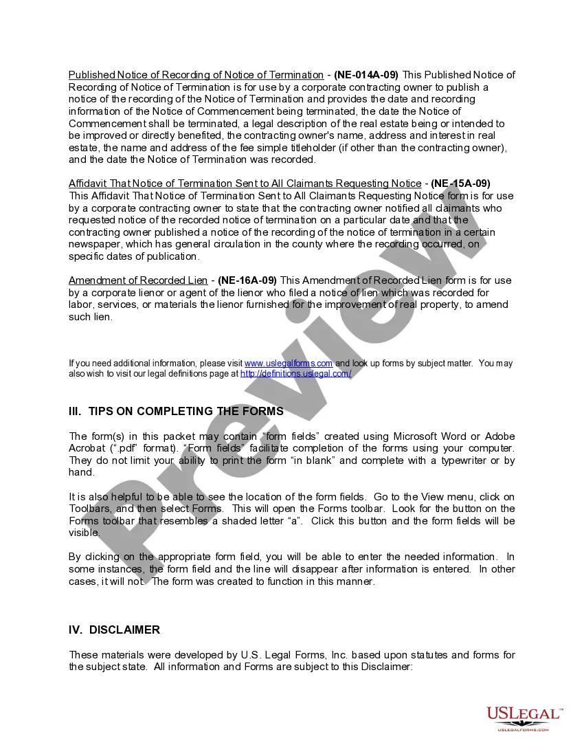 Get Nebraska Construction or Mechanics Lien Package - Corporation or LLC Preview Nebraska Construction or Mechanics Lien Package - Corporation or LLC