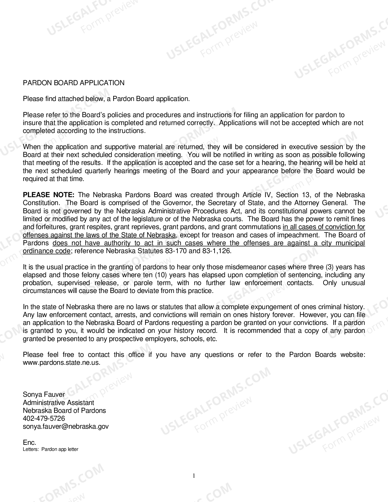 Nebraska Application for Full Pardon with Instructions Nebraska Board