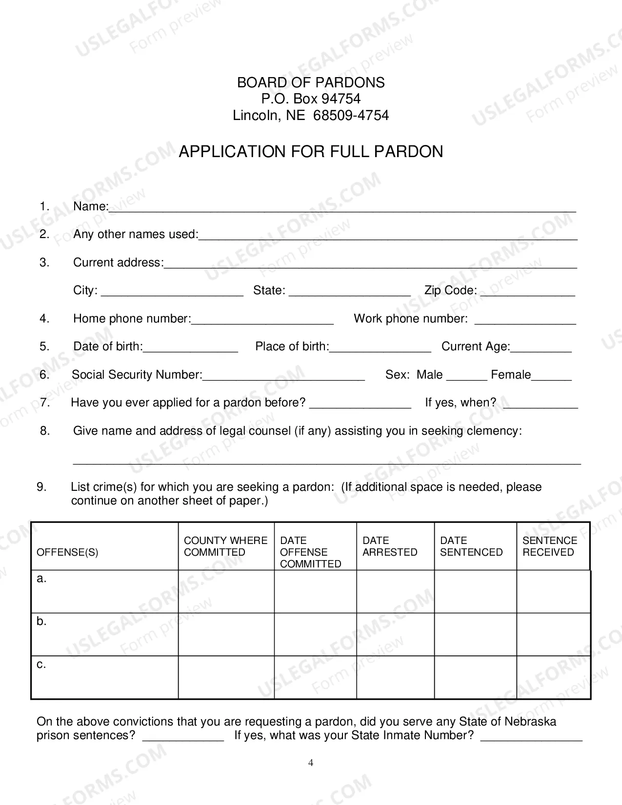 Preview Application for Full Pardon with Instructions
