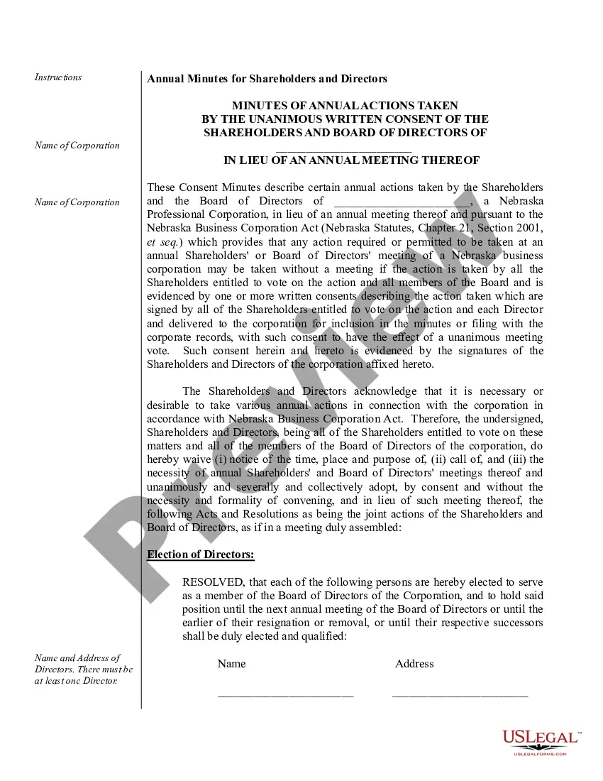 Preview Sample Annual Minutes for a Nebraska Professional Corporation