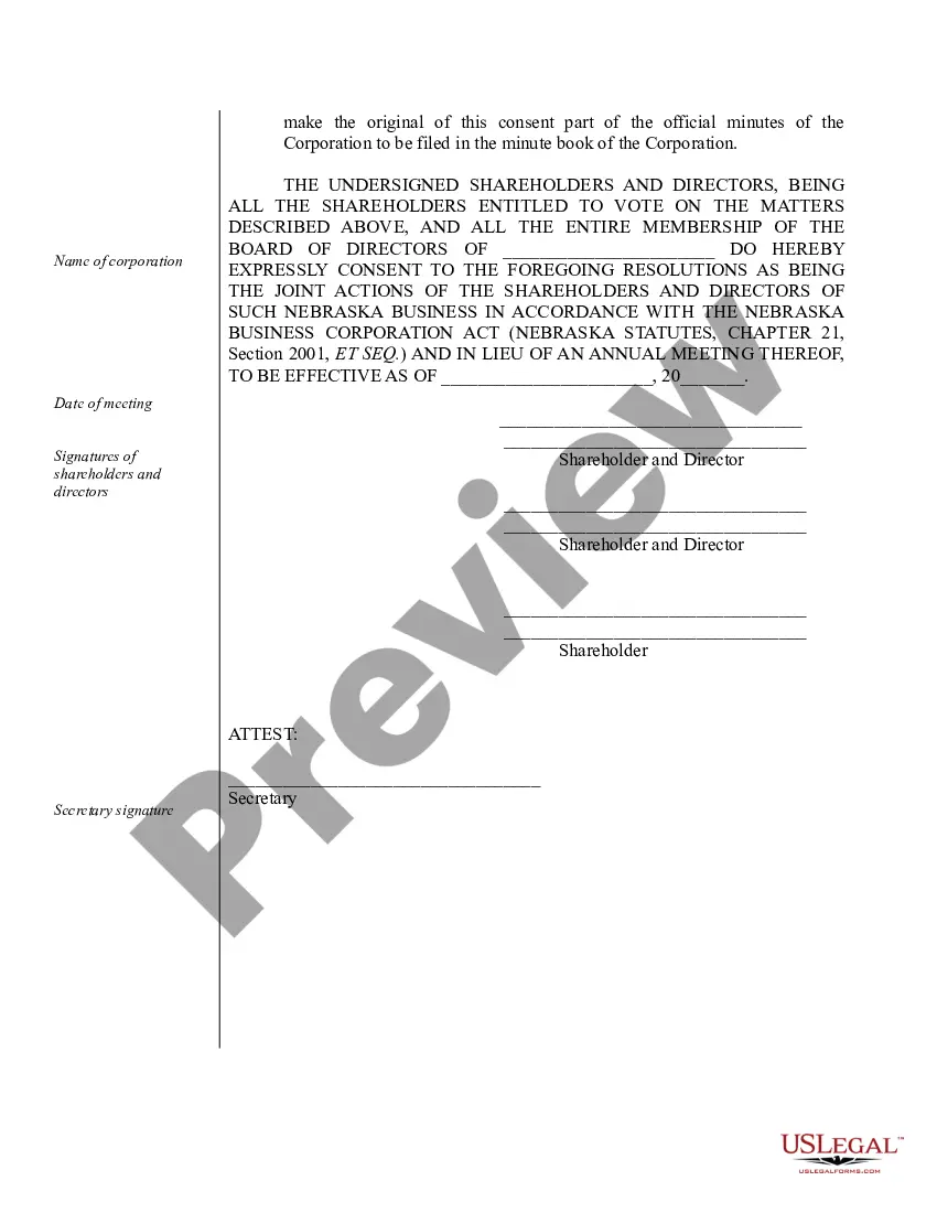 Preview Sample Annual Minutes for a Nebraska Professional Corporation