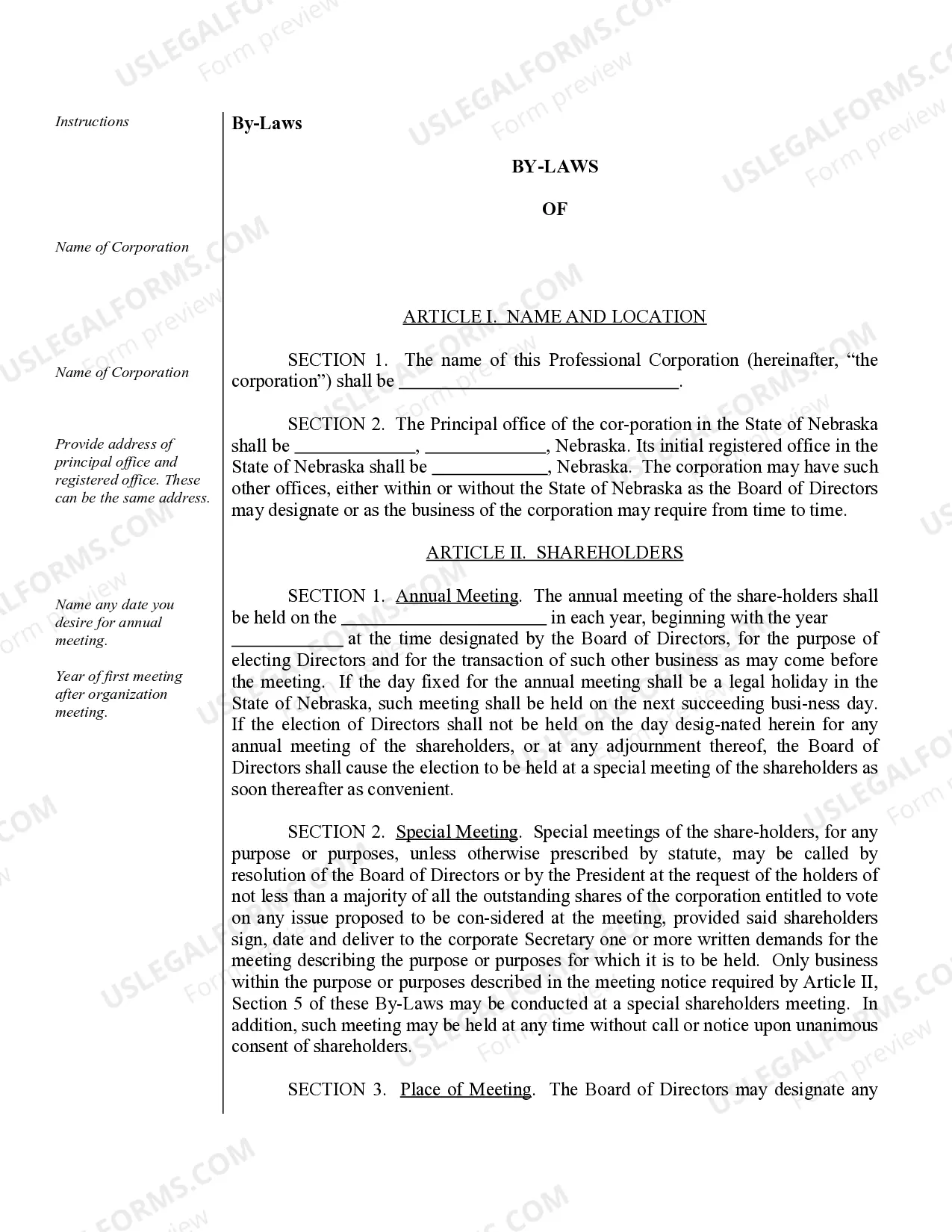 Preview Sample Bylaws for a Nebraska Professional Corporation