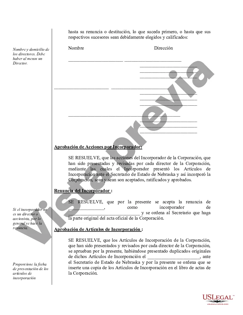 Preview Ejemplo de actas de organización para una corporación profesional de Nebraska