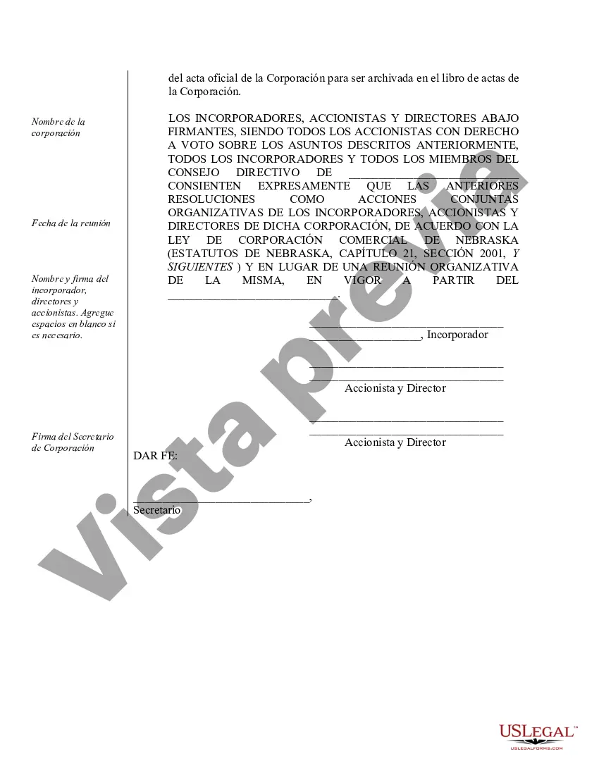 Preview Ejemplo de actas de organización para una corporación profesional de Nebraska