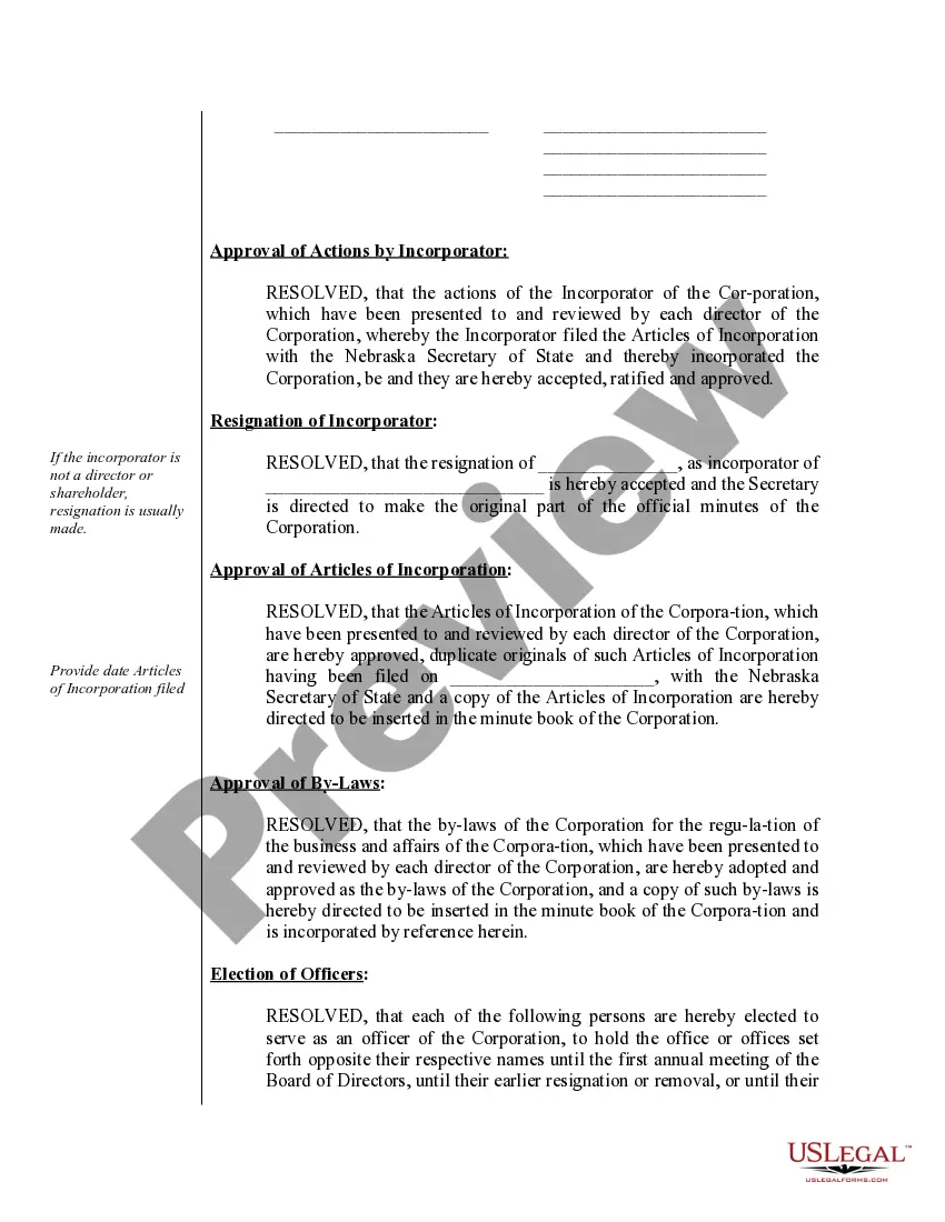 Get Sample Organizational Minutes for a Nebraska Professional Corporation Preview Sample Organizational Minutes for a Nebraska Professional Corporation
