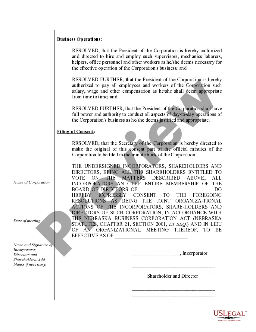 Get Sample Organizational Minutes for a Nebraska Professional Corporation Preview Sample Organizational Minutes for a Nebraska Professional Corporation
