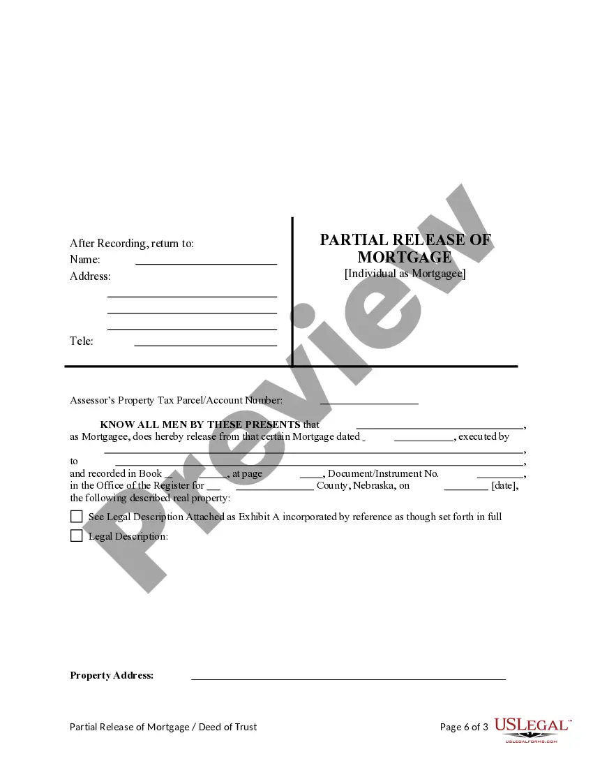 Preview Partial Release of Property From Deed of Trust or Mortgage for Individual