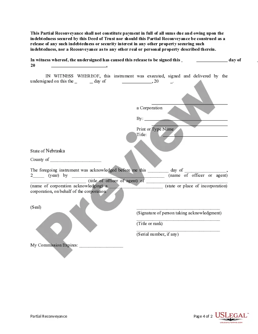 Preview Partial Release of Property From Deed of Trust or Mortgage for Corporation