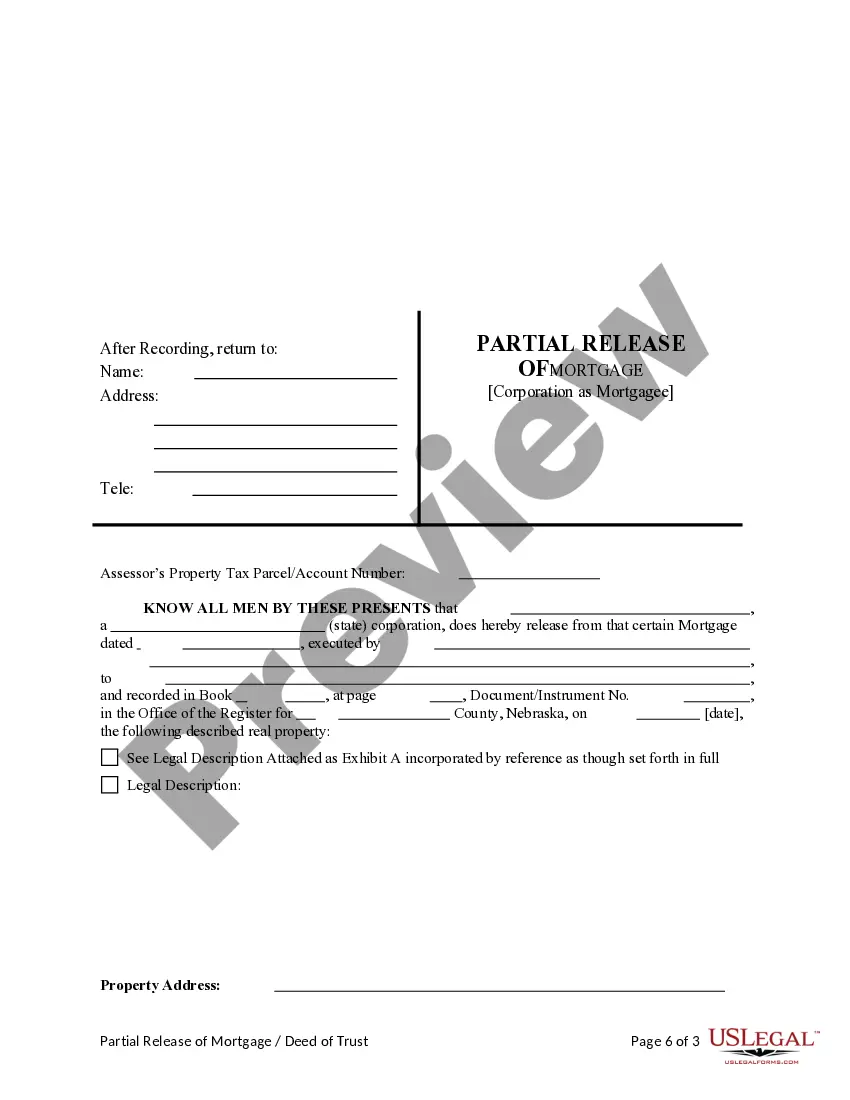 Preview Partial Release of Property From Deed of Trust or Mortgage for Corporation