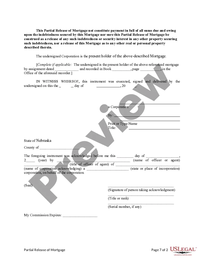 Preview Partial Release of Property From Deed of Trust or Mortgage for Corporation