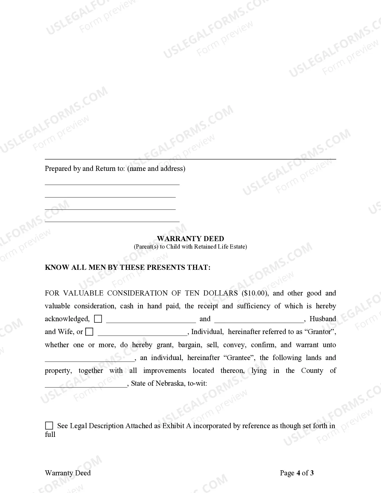 Preview Warranty Deed for Parents to Child with Reservation of Life Estate