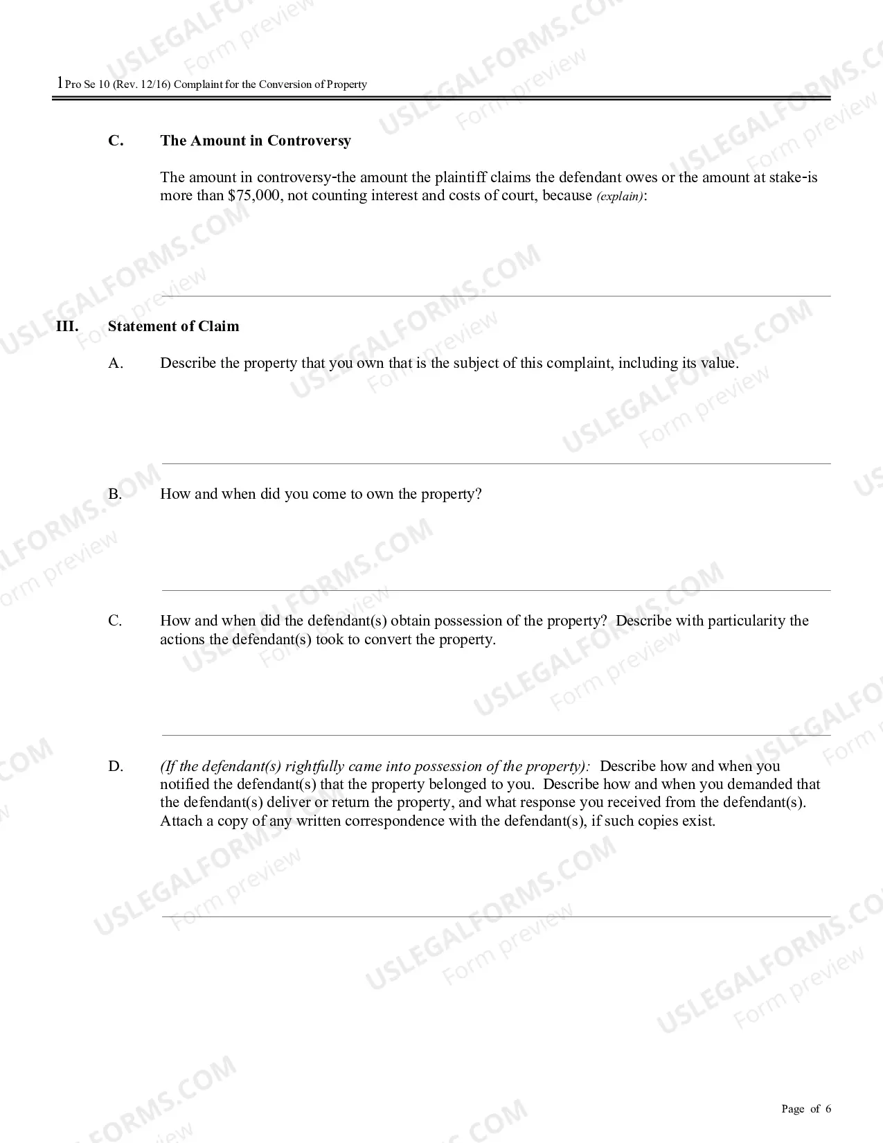 Preview Complaint for the Conversion of Property (no PDF exists)