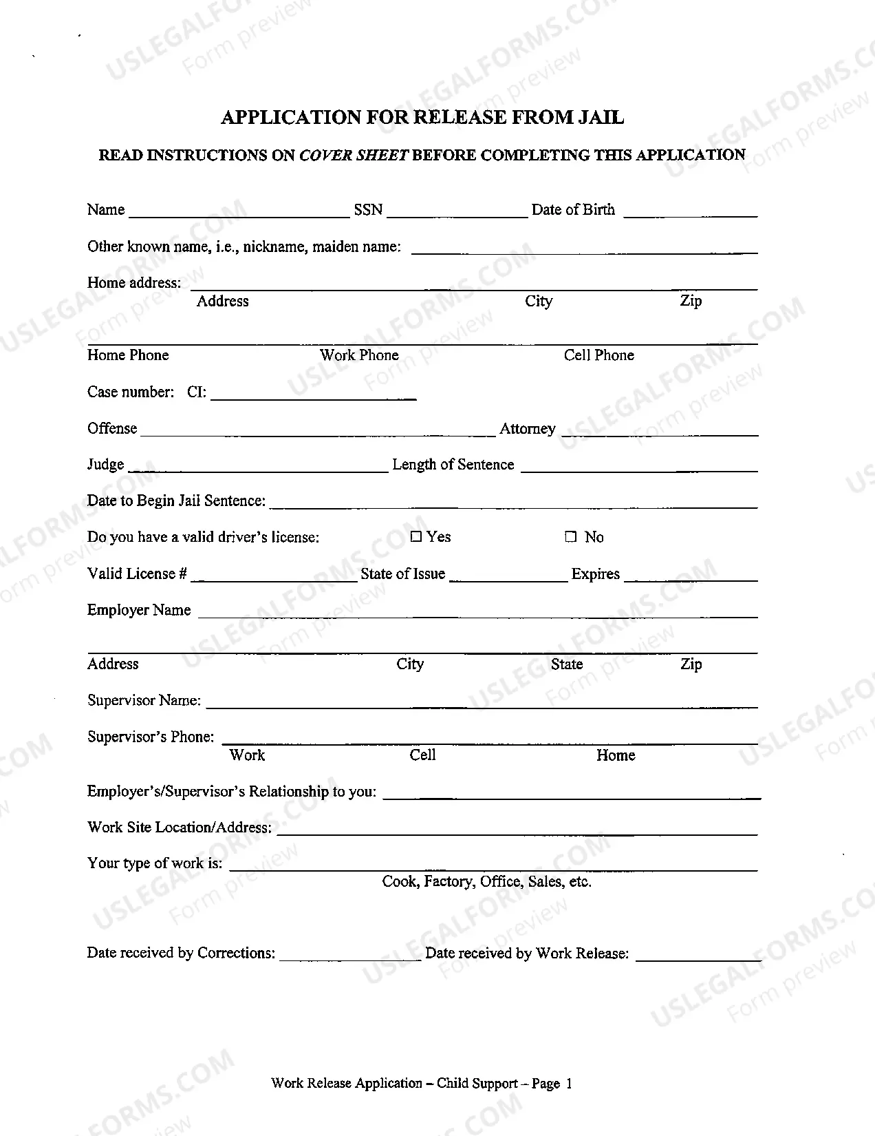 Preview Work Release Forms (Child Support)