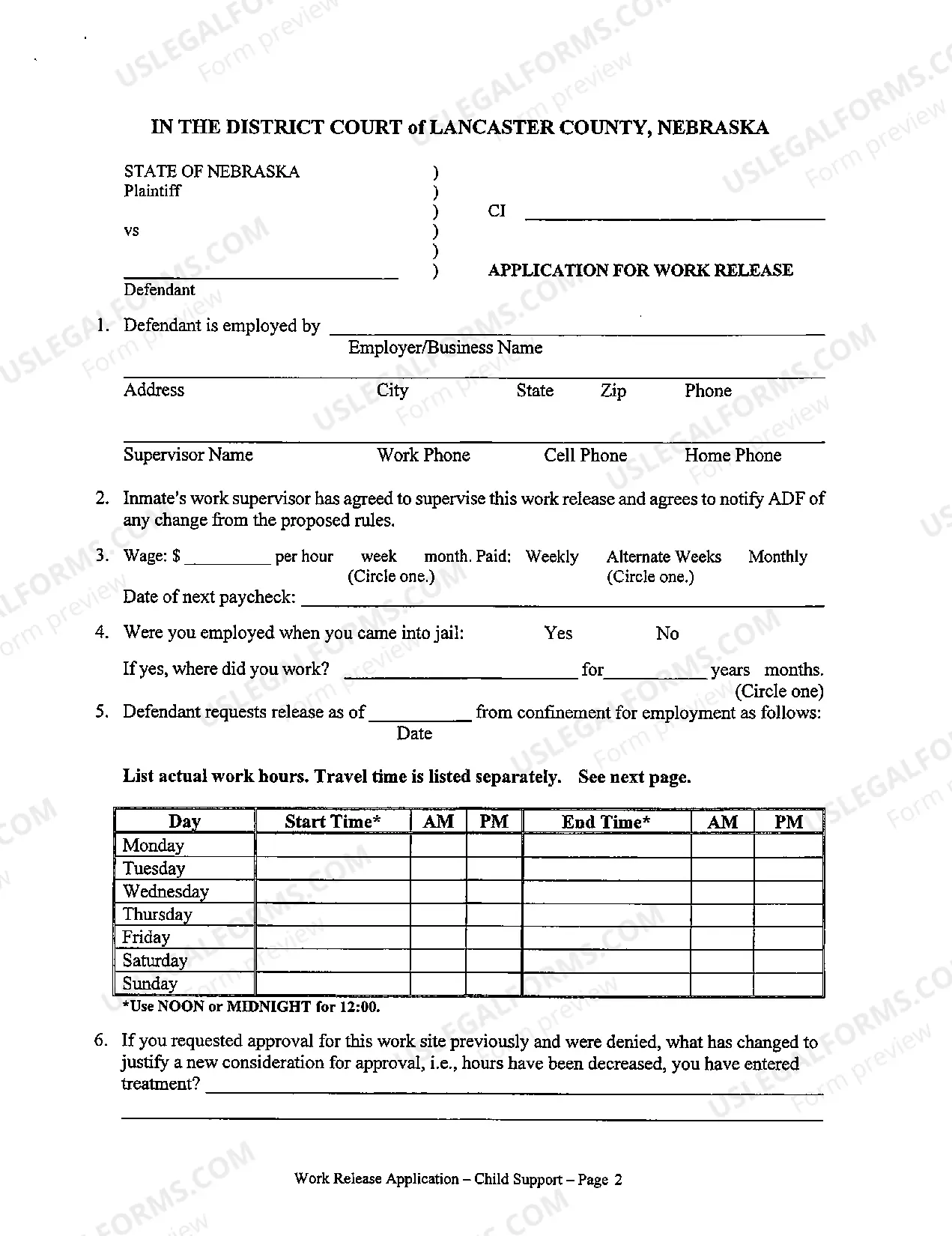 Preview Work Release Forms (Child Support)