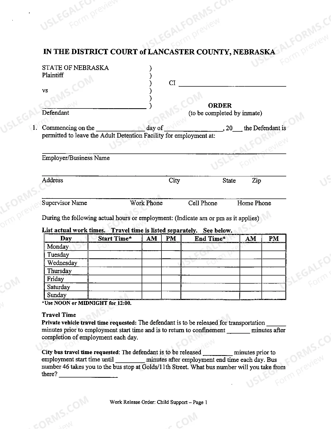 Preview Work Release Forms (Child Support)