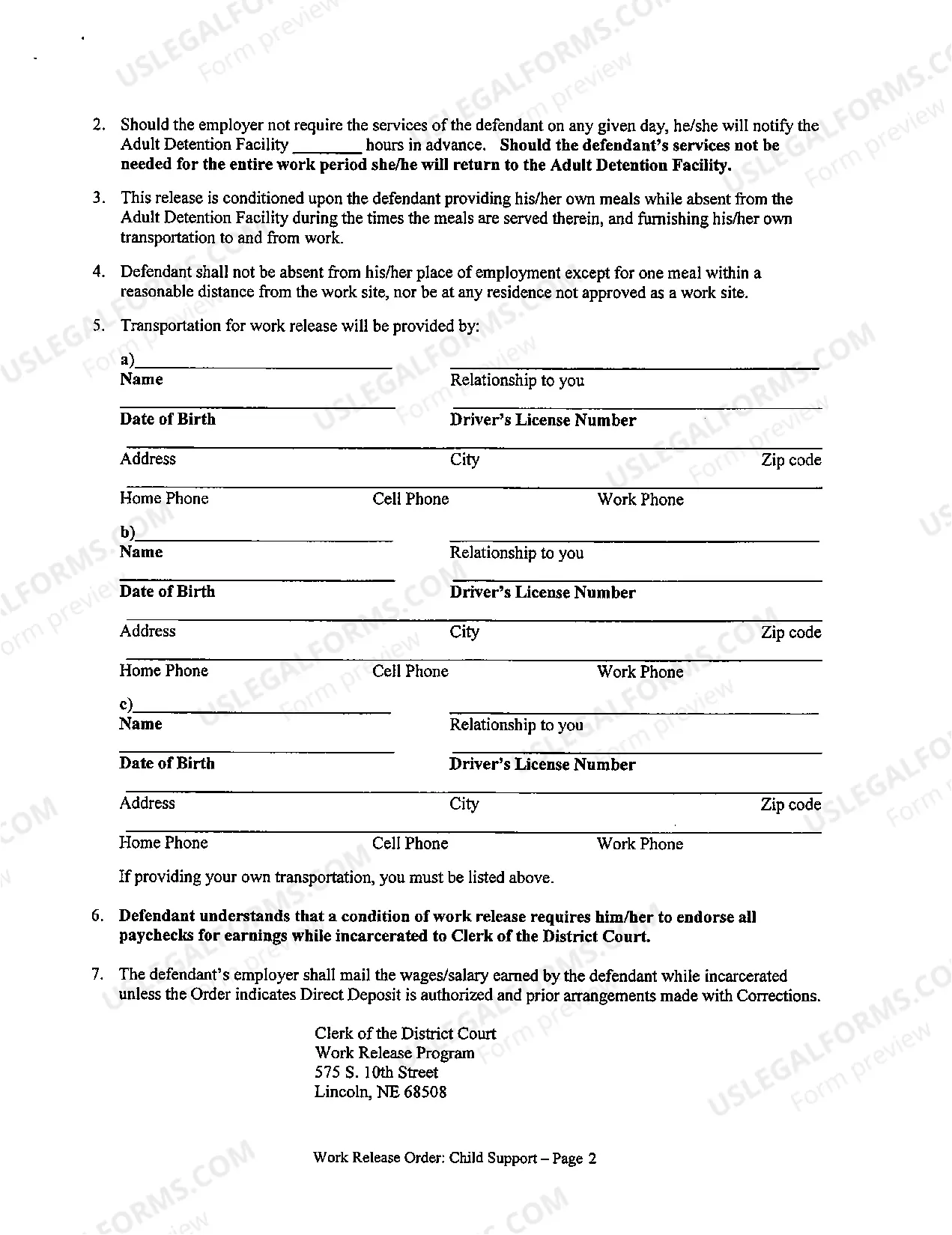 Preview Work Release Forms (Child Support)