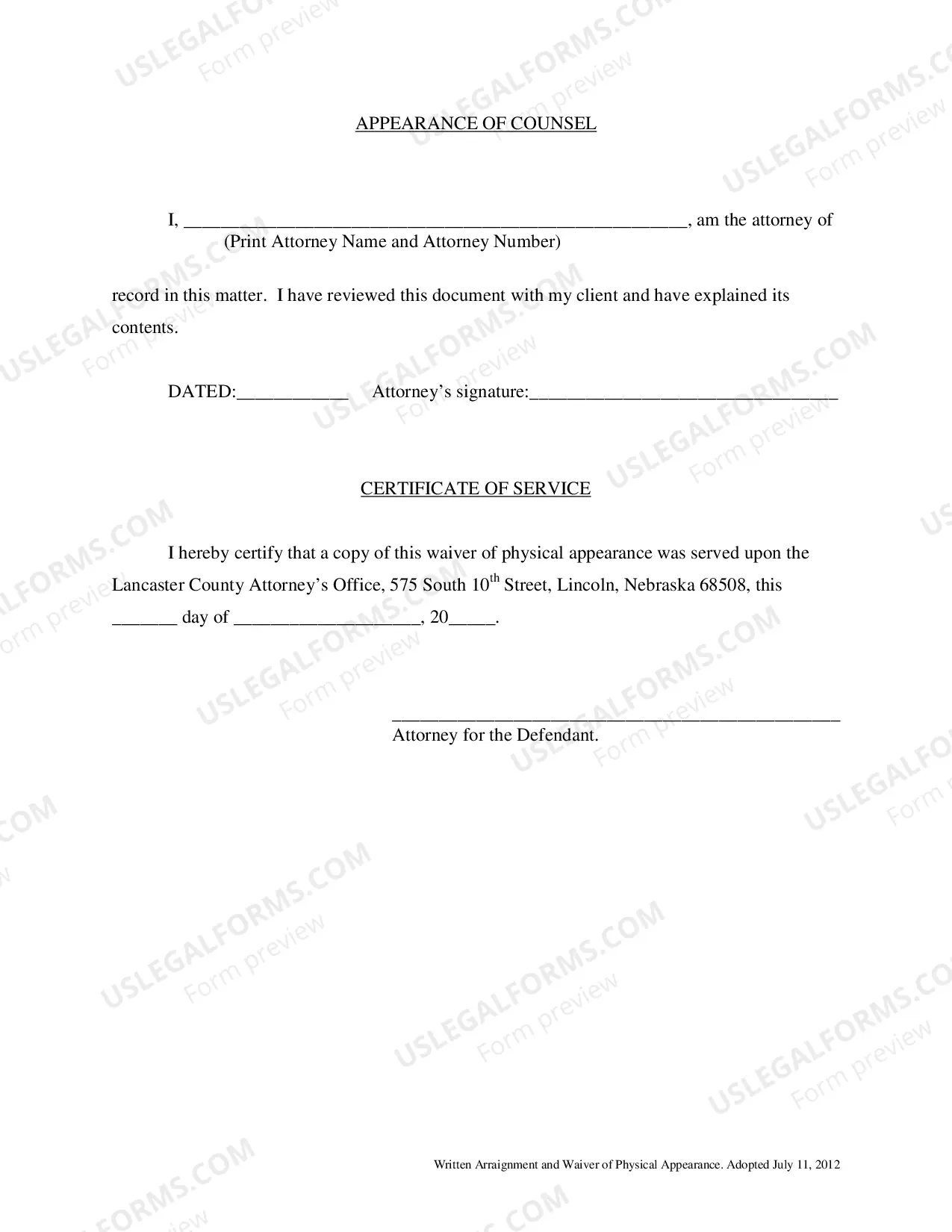 Preview Written Arraignment And Waiver of Physical Appearance