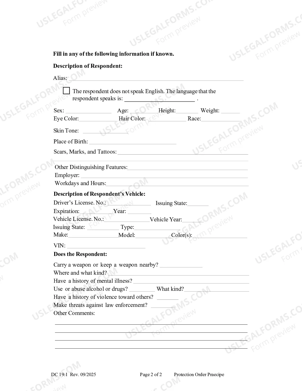 Preview Common to all protection types, Praecipe, Protection Order Praecipe